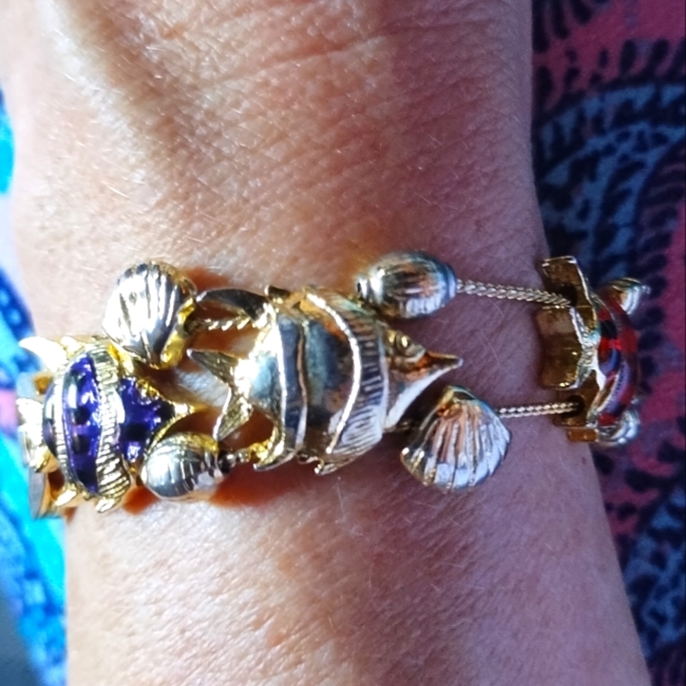 Vintage Slide Bracelet Angel Fish Shell Jewelry Ocean Sea Sealife Beach
